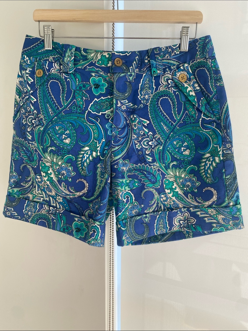 Lauren Ralph Lauren Size 6 Floral Paisley Royal Blue Teal White Print Bermuda